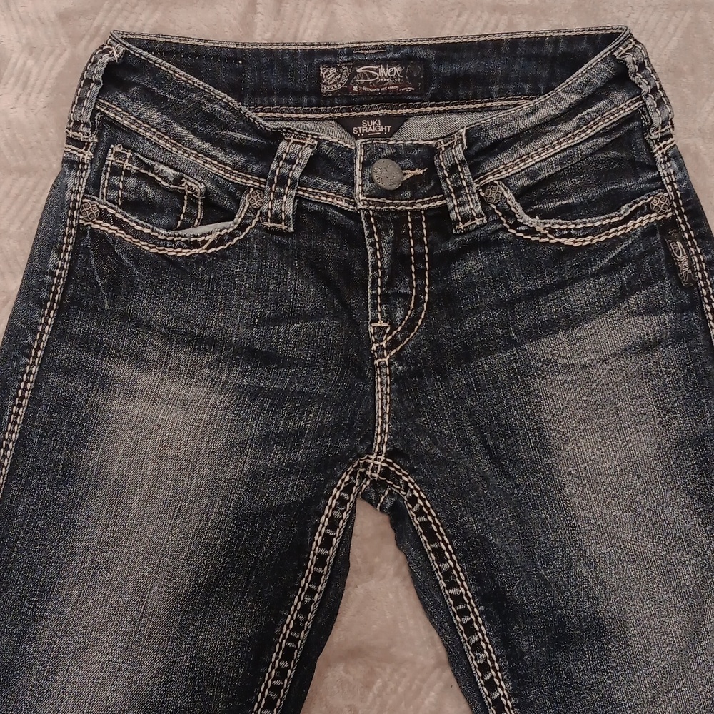 Silver Jeans Womens 28 (28x30) Blue Mod Rise Suki Super Skinny Embroidered